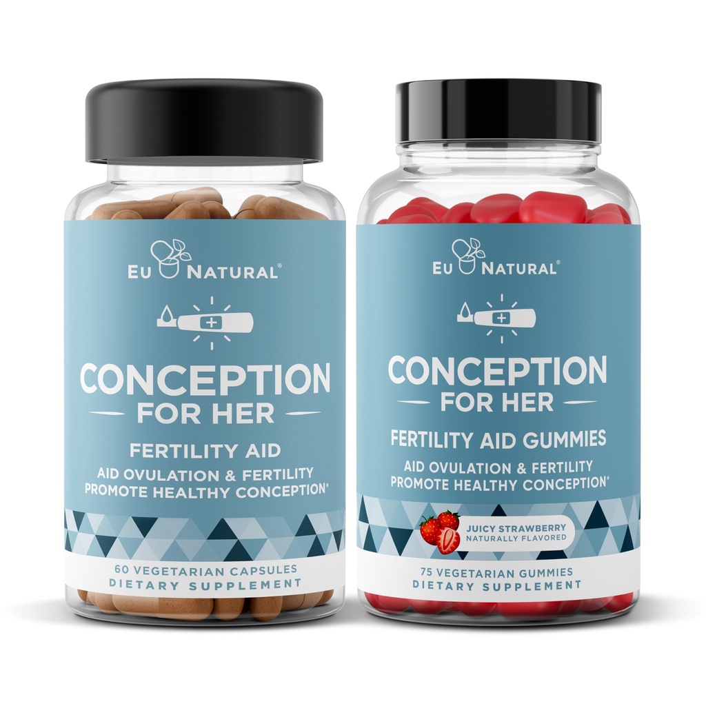 Her Capsules & Gummies Log için Eu Natural Conception – Aids Ovulation, Hormonal Denge ve Düzenli Lisanslar – 60 Capsules + 75 Strawberry Flavor Gummies