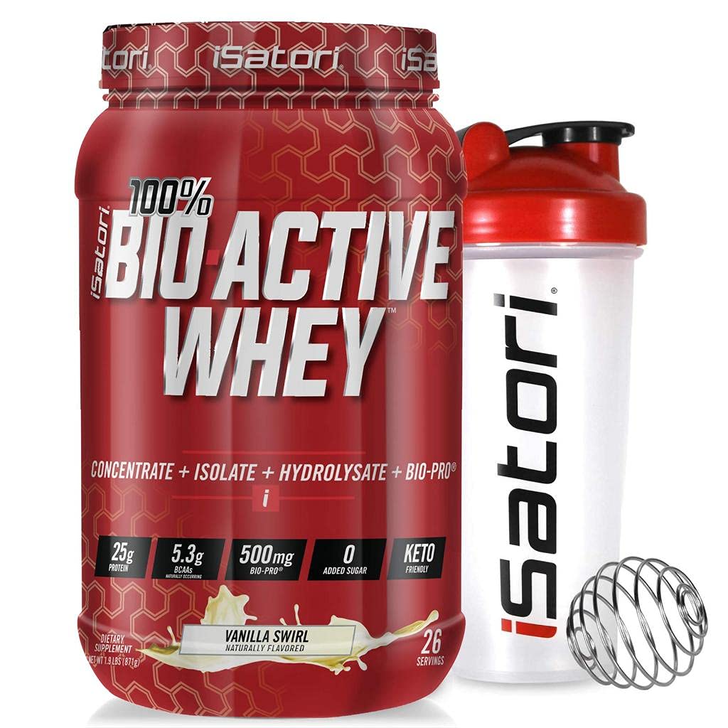 iSatori Bio-Active Whey Protein Tozu - Vanilla Swirl (30 hizmet) & iSatori Classic Blender Şişe (Red Top ile Açık Şişe)