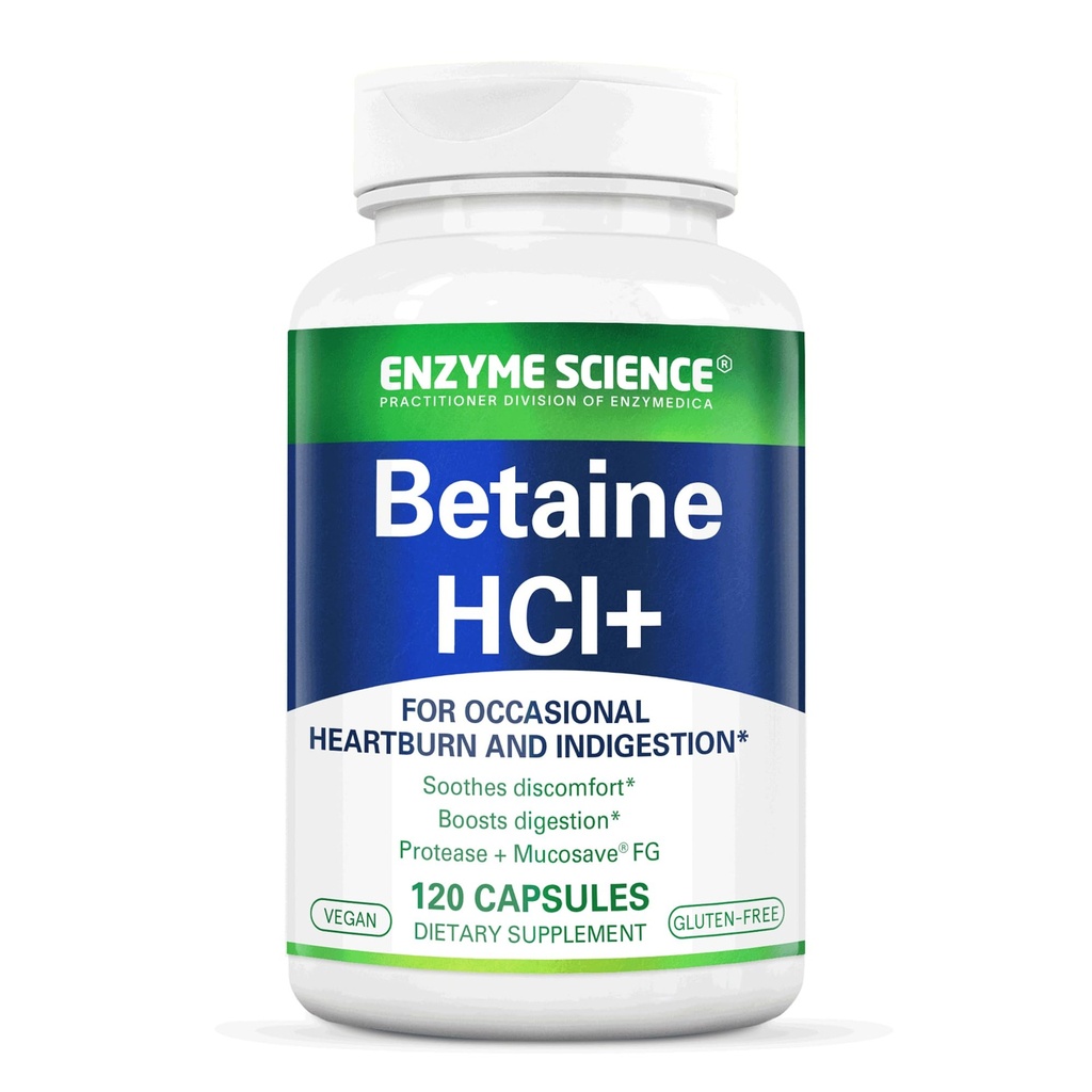 Enzyme Science Betaine HCl ile Pepsin - Low Stomach asit için Tamam - Betaine Supplement Tamam - Digestive Enzymes - Enzimas Digestivas - 120 Capsules