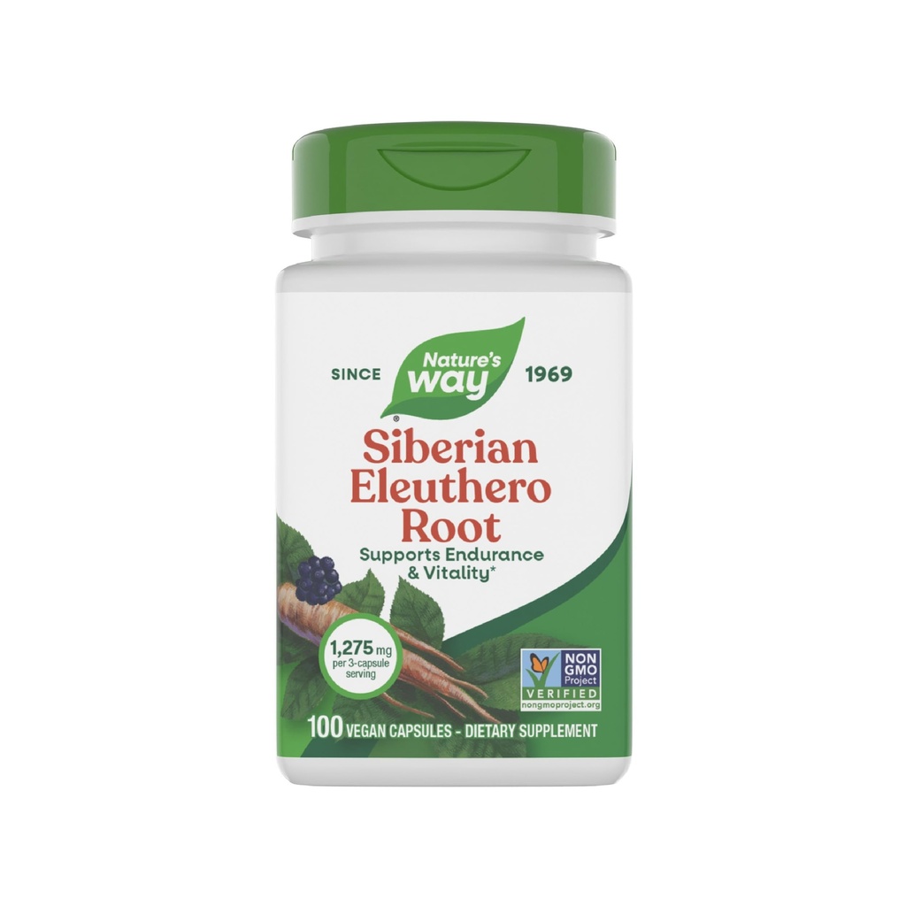 Nature's Way Premium Herbal Sibirya Eleuthero Root Supplement, Supports Endurance & Vitality*, Adaptogen*, 3Capsule Için 1.275 mg, Non-GMO Project  Valid, 100 Capsules (Pazarlama May Vary)