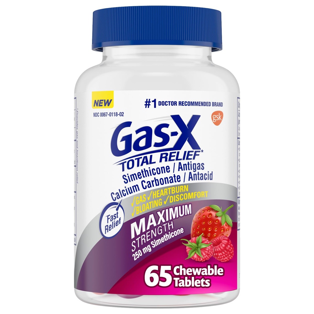 Gaz-X Total Relief Chewable Tabletleri Maksimum Güçlü Gaz Yardımı Simethicone 250 mg ve Kalpburnu Yiyecek İçecek Karbonat 750 mg, Bloating Relief, Karmages - 65 Count Count Count Count