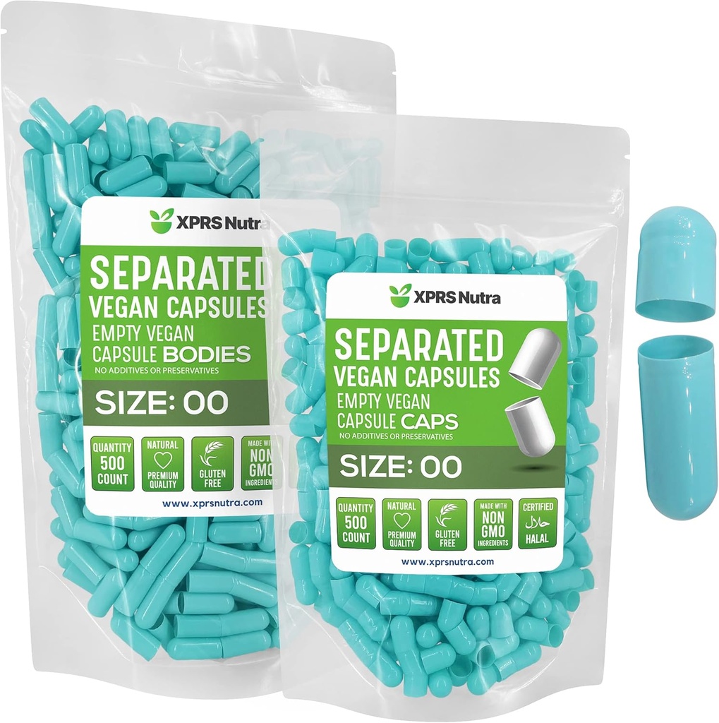XPRS Nutra Vegan Boyutu 00 Ayrılı Kapsüller - 500 Kont Premium Boş Kapsüller Çantada Ayrıştı - 00 Pills DIY Supplement (Aqua)