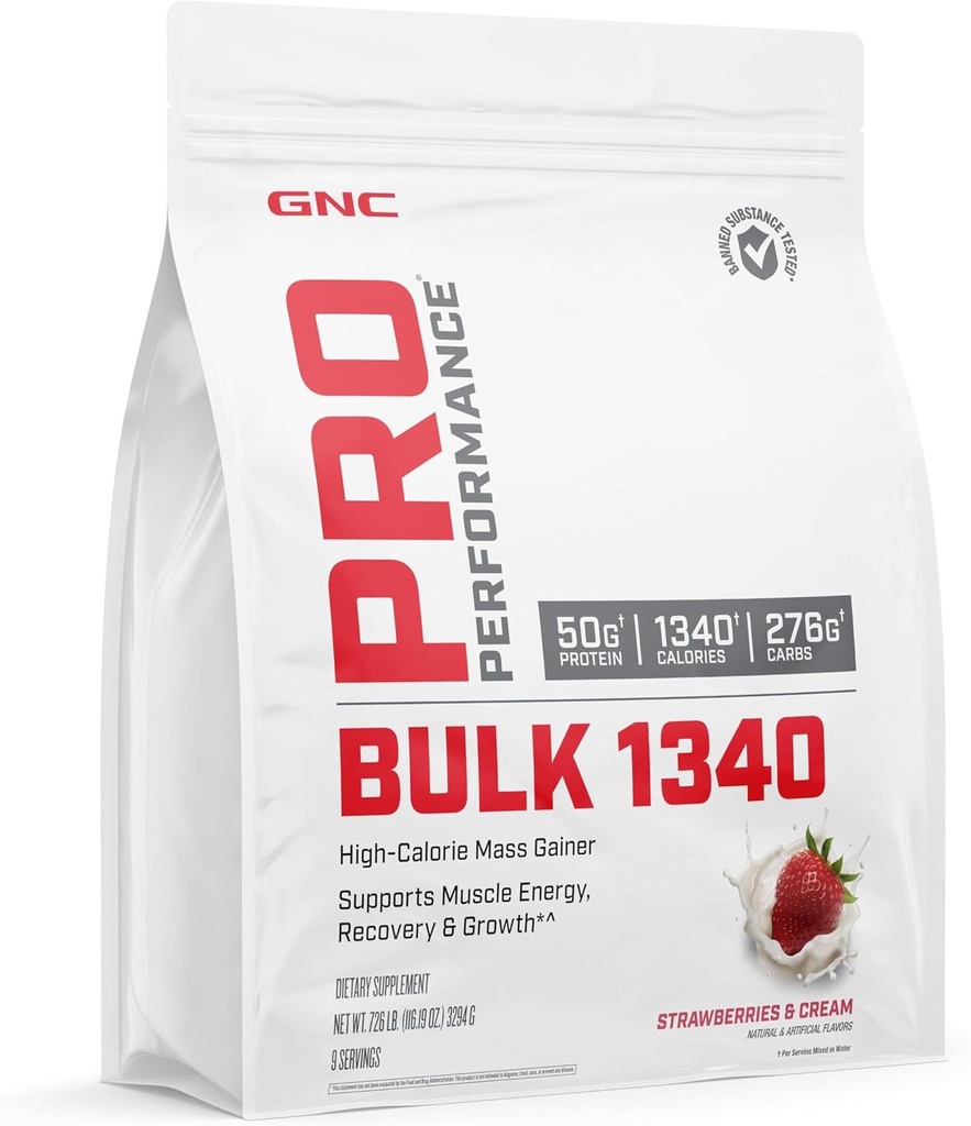 GNC Pro Performance Bulk 1340 Mass Winer Protein Toz, 50g, Gluten Free, Whey, Kretine, BCAA, 3. Parti Test Edildi, Kas Kurtarma ve Büyüme, Mikronutrients, Strawberries ve Cream, 9 Hizmetler