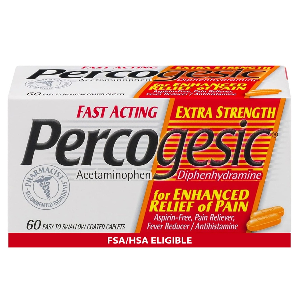 Percogesic Extra Strength Acetaminophen & Diphenhydramine Pain Relief, Fast-Acting aspirin-Free Fire Selection & Antihistamin, 60 Kont