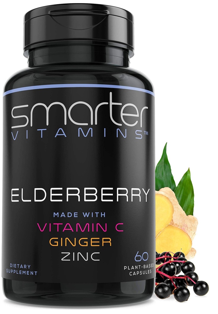 Smarter Elderberry Capsules + C + Ginger & çinko, Herbal Supplement, Güçlü Black Elder Berry Antioksit Vitamini, 60 Vegan Pills