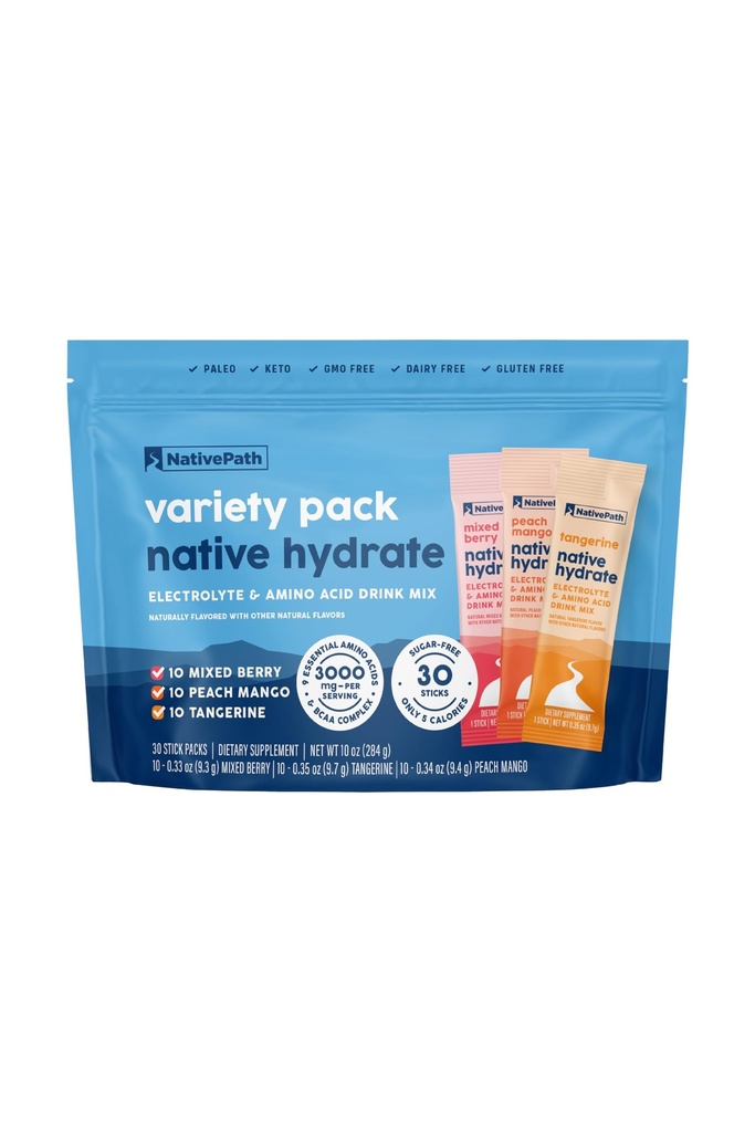 Yerli Appleth Yerli Hydrate Stick Packs with Electrolytes and replicas, Çeşitli Paket, Karma Berry, Peach Mango, Tangerine, 30 Hizmet
