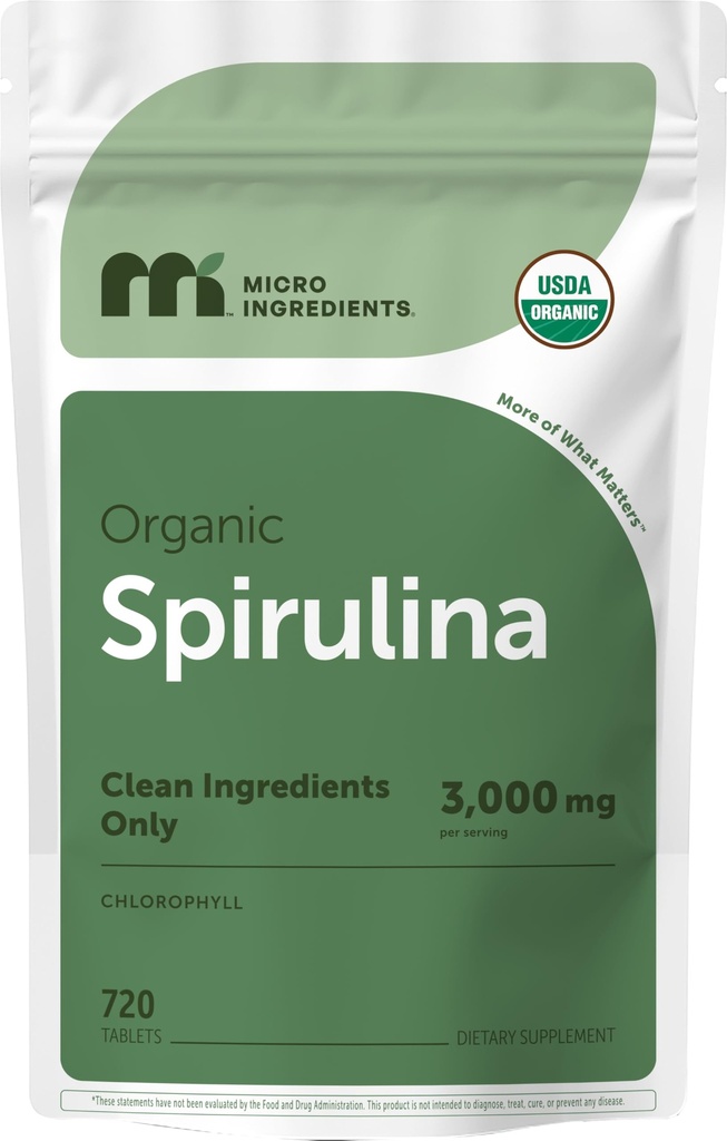Mikro Malzemeler Organik Spirulina Supplement, 720 Tablet (4 Ay Supply), No Filler & Non-GMO, Vegan Protein, Vitaminler ve Prebiyotikler, Premium Spirulina Pills
