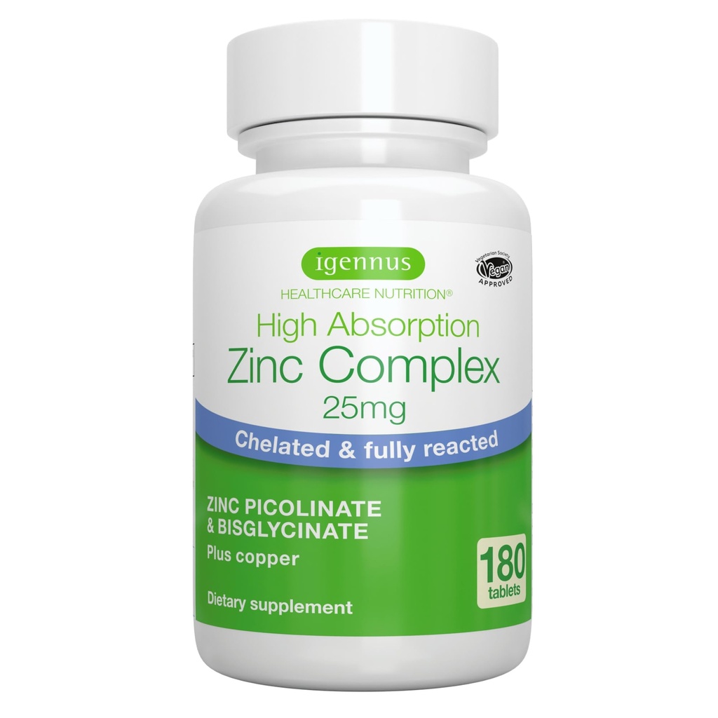 Igennus Clean Chelated çinko 25mg with Copper, Full Reakt Picolinate & Bisglycinate, High Abxia Complex, Supplement for Women & Men, Lab TY, Non-GMO, Immune & Skin Support, 6 Ay Supply