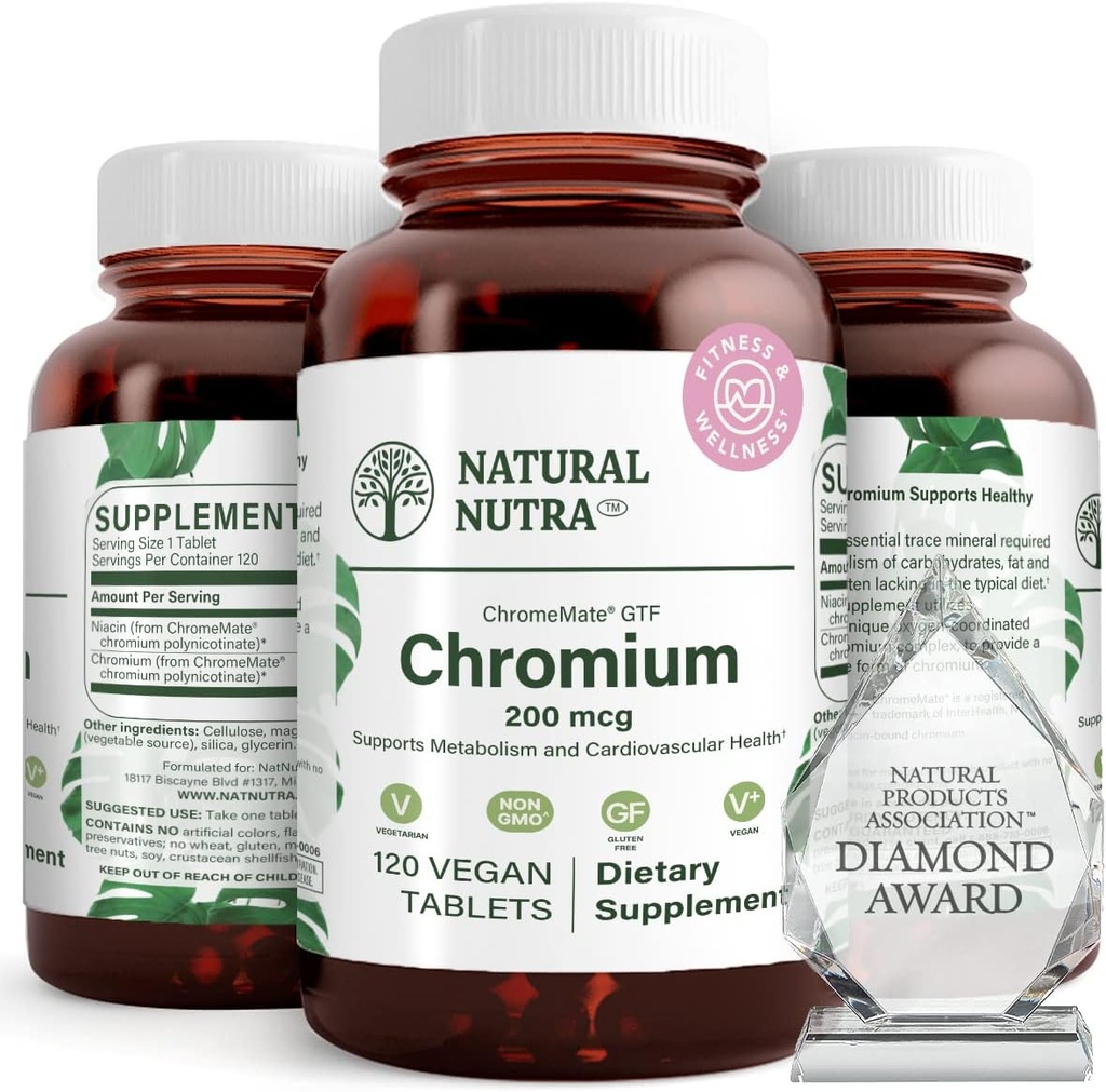 Natural Nutra GTF Chromium Polynicotinate with ChromeMate, Supports Body Metabolism, Support Heart Health, Maintain Body Fat Level, Improve Digestion, Cardiovascular Health, 200 mcg, 120 Vegan Tablets