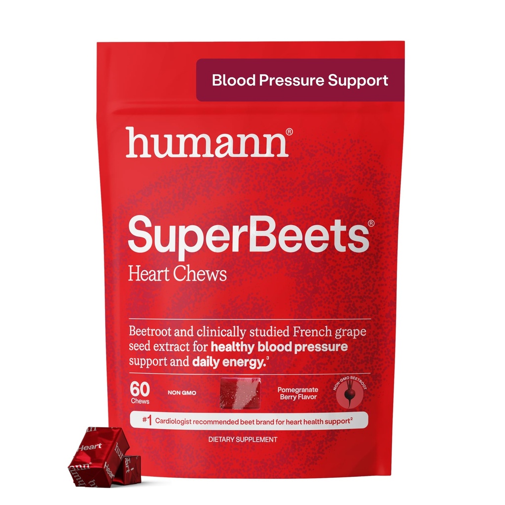 Humann SuperBeets Heart Chews, Beet Root Toz Destek Enerji Supplement, Nitrik Çimento ve Kan Basınç Desteği, Grape Tohumu ve Non-GMO, Kalp Sağlığı, Pomegranate Berry Flavor, 60 Kont