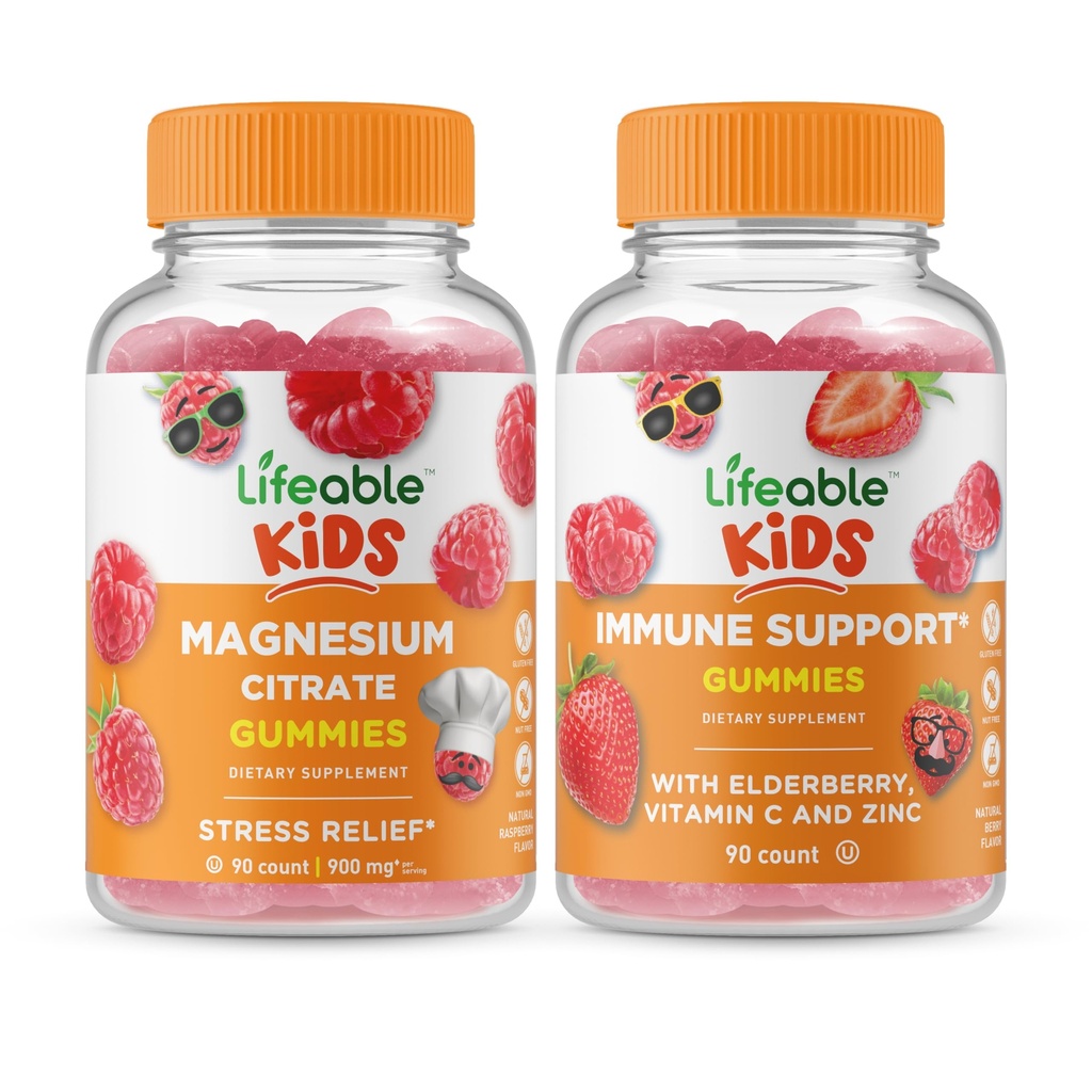 Lifeable Magnezyum Kids + Immune Support Kids, Gummies Sche - Great Tasting, Vitamin Supplement, Gluten Free, GMO Free, Chewable Gummy