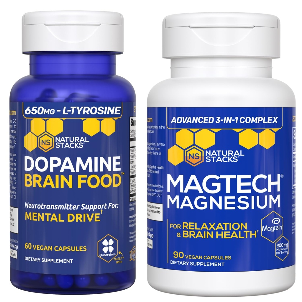 NATURAL STACKS Beyin Gıda + Magtech Magnezyum Sche - Chelated Magnezyum Kompleksi - Beyin Sağlığı ve Zihinsel Drive * - 150 Total Capsules