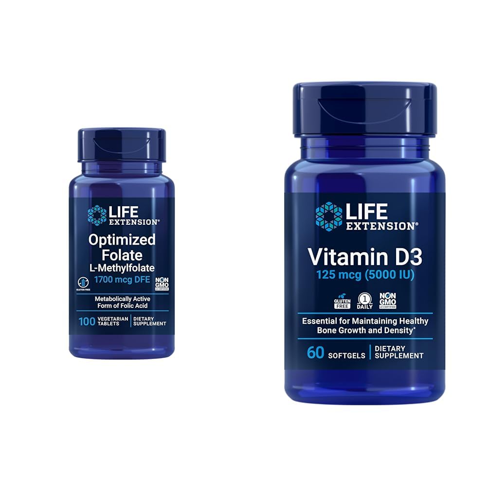 Life Extension Optimized Folate Heart & Brain Support Tabletleri ve D3 Bone, Brain & Immune Health Softgels - 100 Tablet, 60 Softgels