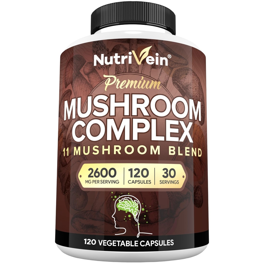 Nutrivein Premium Mushroom Supplement 2600 mg- Şişe 120 Capsules- 11 Nootropic Mushroom Kompleksi - Lion's Mane, Cordyceps, Chaga, Reishi, Türkiye Tail,Maitake,Shiitake, Agaricus, Beyaz Düğme, Oyster