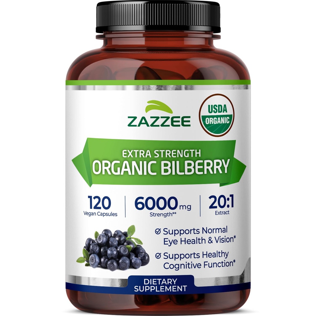 Zazzee USDA Organik Bilberry 20:1 Ekstraksiyon, 6000 mg Güçlü, 120 Vegan Capsules, 4 Ay Supply, Standartlaştırılmış ve Yoğun 20X Ekstraksiyon, %100 Vejetaryen, All-Doğal, Non-GMO, Made in the USA