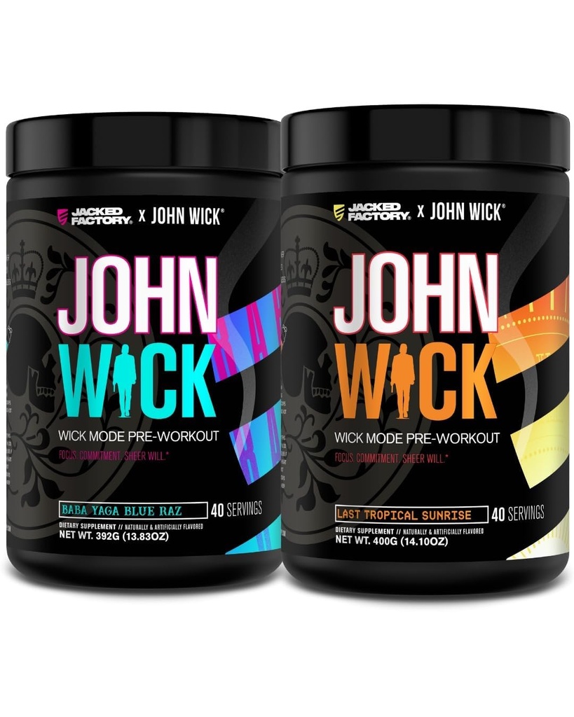 Jacked Factory X John Wick - Wick Mode Pre Workout Toz - Intense Energy, Battle-Ready Focus, Unstoppable Commitment ve Sheer Will - Baba Yaga Blue Raz & Son Tropikal Sunrise Sunrise