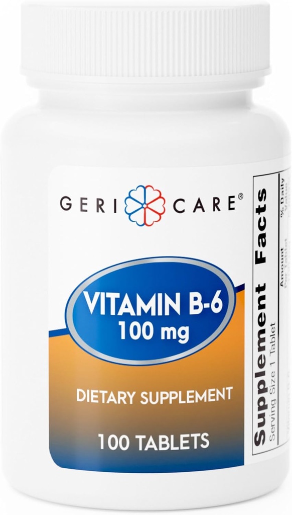 GeriCare Vitamin B-6 100mg, 100 Tablets – Daily Nutritional Support for Healthy Brain Function, Mood Enhancement, Circulatory Health & Metabolism – Helps Combat Fatigue & Promote Overall Wellness