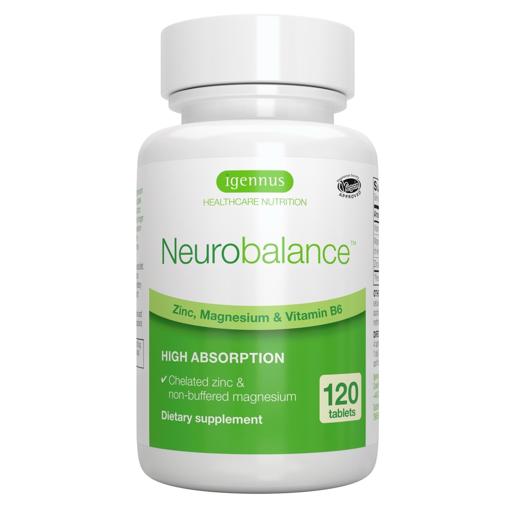 Igennus Neurobalance Magnezyum çinko & B6 Kompleksi Bilişsel Destek, Calm Focus & Relaxation, 120 Küçük Tabletler, Yüksek Aborpsiyon Chelated çinko & Full Reaks, Vegan, Non-GMOMO