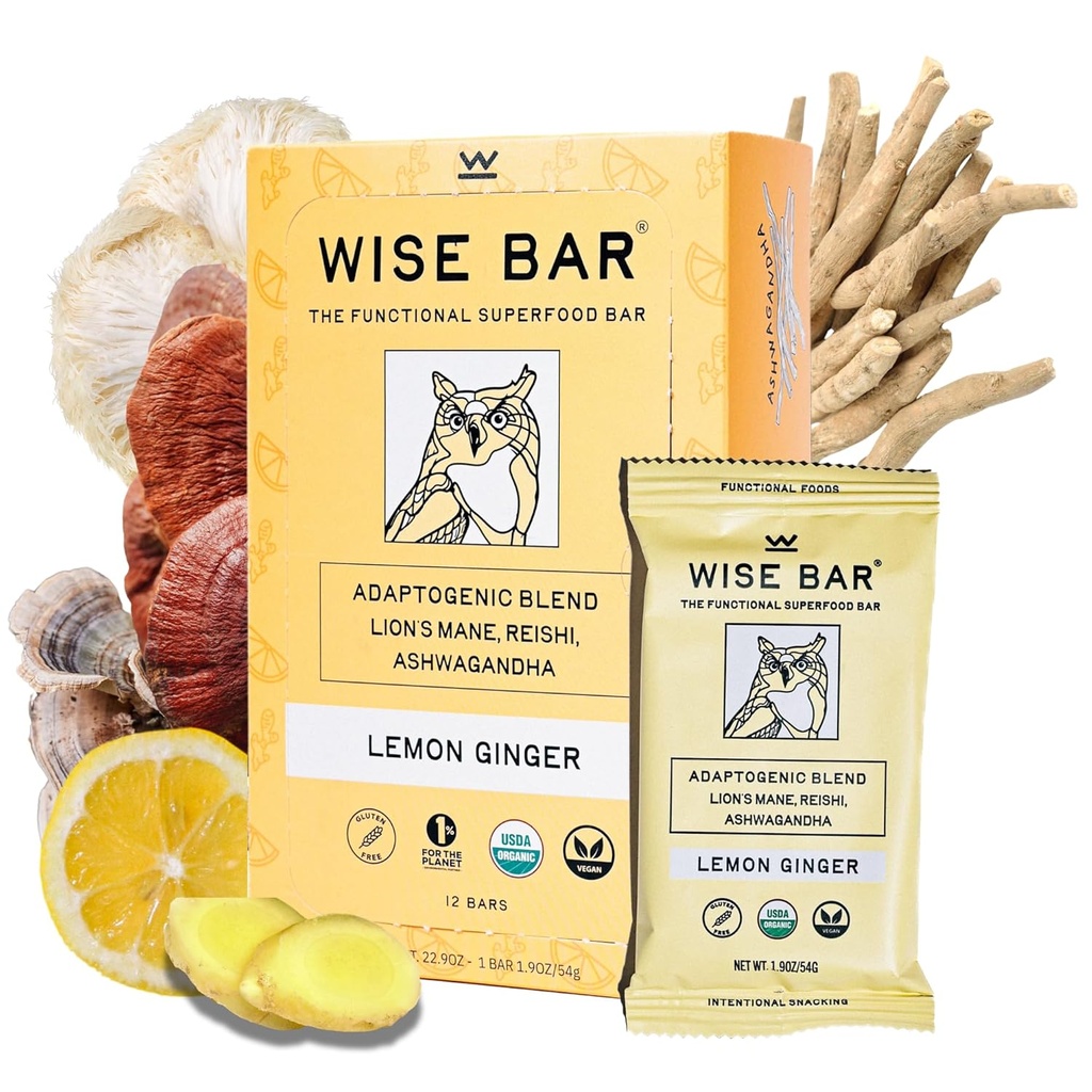 Bilge Bar Adaptogen Mushroom Beslenme Barları Reishi, Lions Mane & Ashwagandha, Organik Vegan & Gluten Free Snacks for Natural Focus, Energy & Immunity Support, Lemon Ginger Flavor, 12 Count