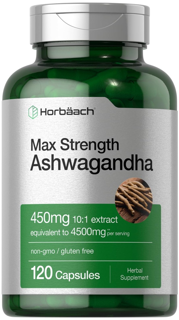 Horbäach Ashwagandha Supplement | Max Strength | 120 Capsules | Non-GMO, Gluten Free Free