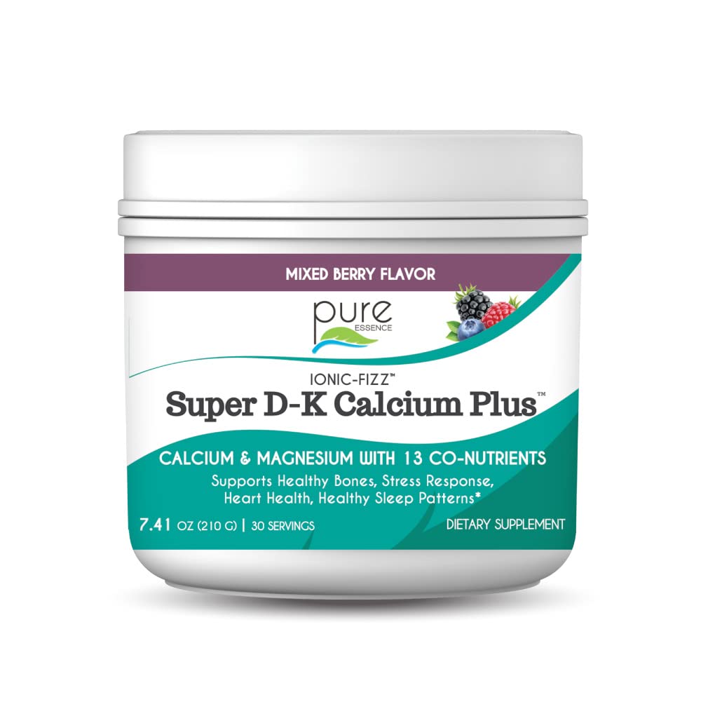 Ionic Fizz Super D-Kuba Plus Pure Essence - Ekstra Magnezyum Vitamin D3, Güçlü Bones ve Stres Desteği için K2 - Karma Berry - 7.41oz