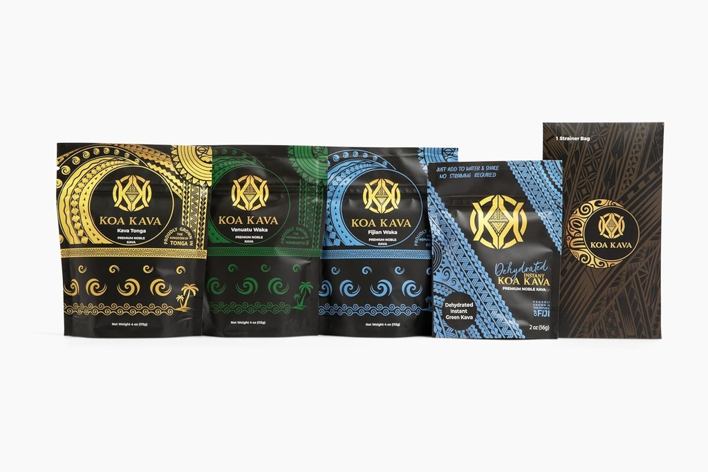 Koa Kava Premium Örnek Paketi - 2 oz Dehidrated Instant Kava Toz + 4 oz Bag of Tongan, Fijian ve Vanuatu Waka Medium Grind Varieties. En sevdiğinizi Ultimate Calm ve Relaxation için keşfedin!