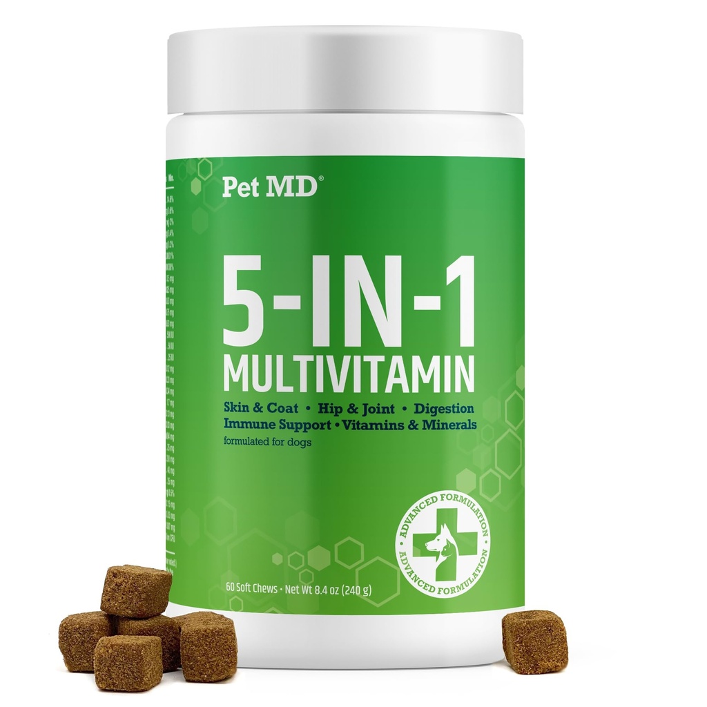 Pet MD 5in1 Dog Multivitamin - 30 Temel Vitaminler, Skin & Coat, Hip & Ortak, Digestion, Senior Dog & Puppy Vitamins - Glucosamine, Omega 3 6 9, & Probiyotikler - 60.