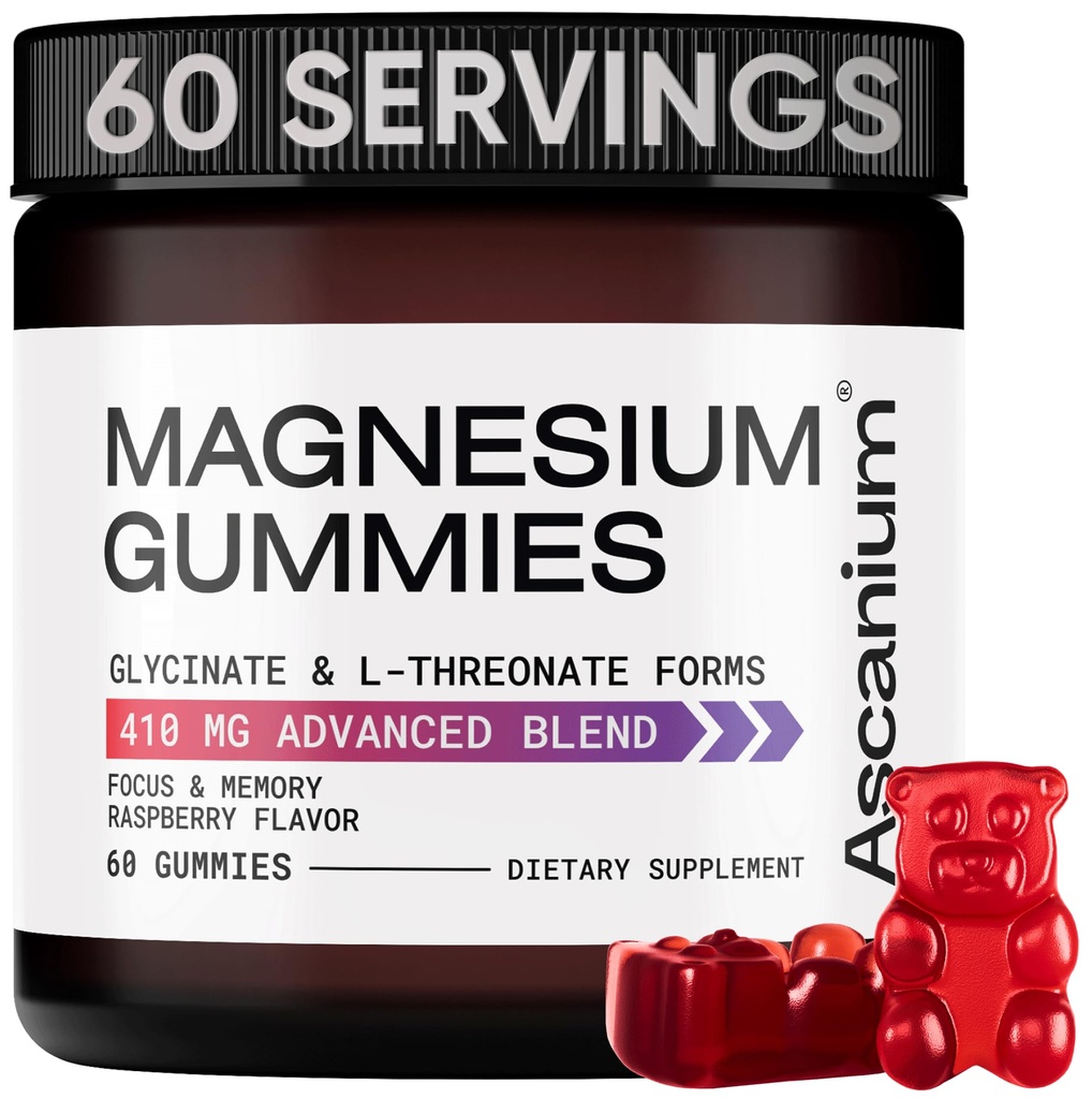 Magnezyum Gummies - Elemental Glycinate & L-Threonate Supplement Kompleksi - Vegan Magnezyum Glycinate Gummies for Calm Mood, Muscle & Heart Support - Chewable Magnezyum Gummy 60