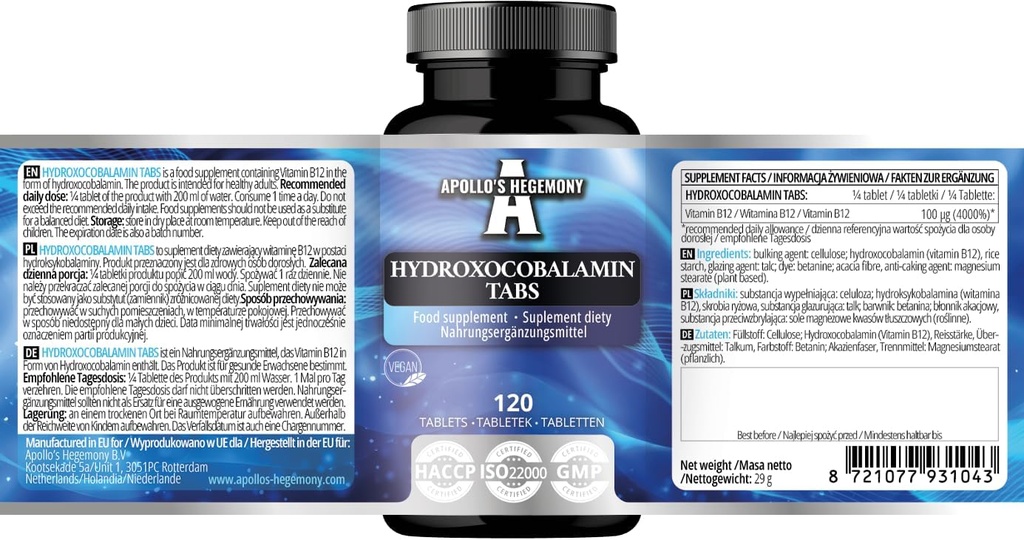 Hidroxocobalamin 100 μg hizmet başına - B12-120 Vegan Tabletleri - 480 Hizmet - Nervous Sistemi Destekler ve Fatigue azaltır - Apollo'nun Hegemony Supplement