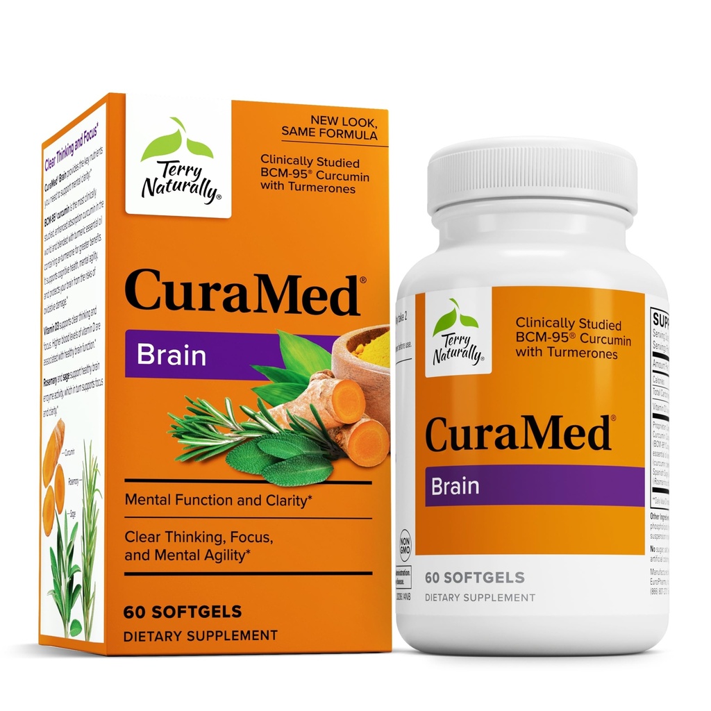 Terry Natural CuraMed Brain - Diyetsel Supplement to Support Clarity & Focus - Curcumin & Turmeric Essential Oil to Aid Concentration - 60 Softgels