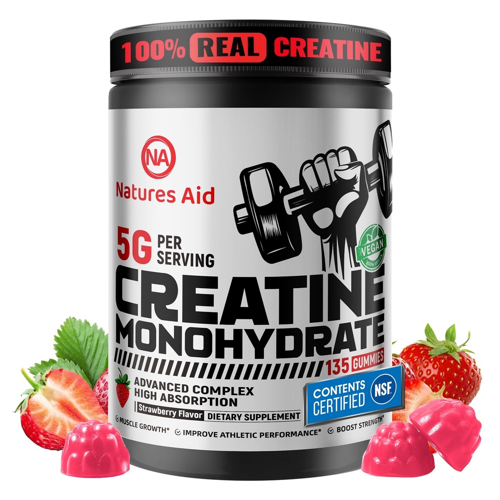 Natures Aid Kretine Monohidrat Gummies (5g) – Erkekler ve Kadınlar için Pre-Workout Enerji ve Kas Büyüme Desteği | Strawberry Electrolyte Gummies (135 Count)
