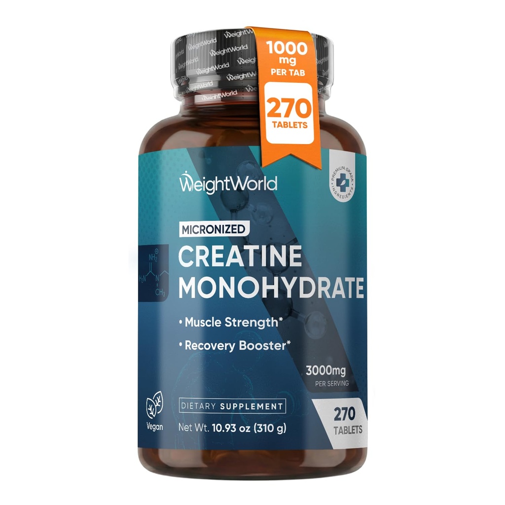 KiloWorld Micronized Kretine Monohidrat 3000 mg Vegan Tabletler | Kas Güçlü & Kurtarma ATM | 3 Ay Supply - 270 Tabs | Women & Men | Non-GMO, Gluten-Free | 3 Tabletler Günü