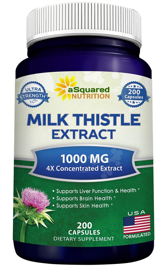 ASquared Beslenme Sütü Butle Supplement 1000 mg-200 Capsules,Max Strength 4X Mekanik 4:1 Süt Butle Tohum Toz Herb Pills, 1000 mg Liver Desteği için Silymarin Takma, Detox
