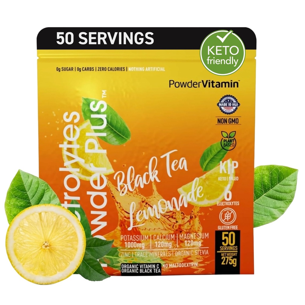 Elektrolytes Toz Plus (50 Hizmetler) Black Tea Lemonade Electrolyte Toz Zero Calorie Keto,0 Şeker, No Maltodextrin,1000 mg Pyum,120 mg Kalsiyum,120mg, Magnezyum, Hydration Toz