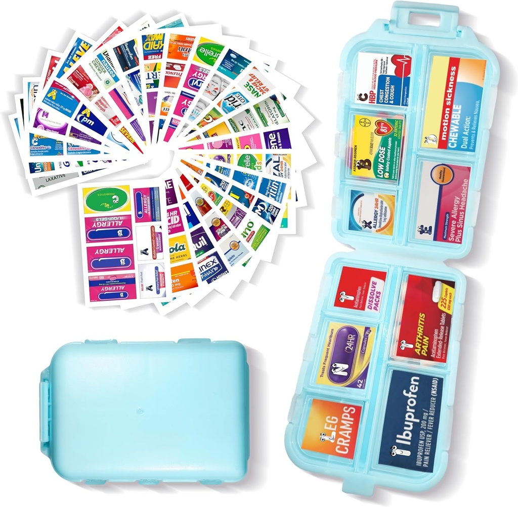 Pill Organizer with Medicine 161 Etiketler Seyahat Günlük Pill Konteyner Mini İlaç Organize Depolama Pill Organizer Seyahat Essentials Pill Case 7 Day (Mavi, 1 Pack)