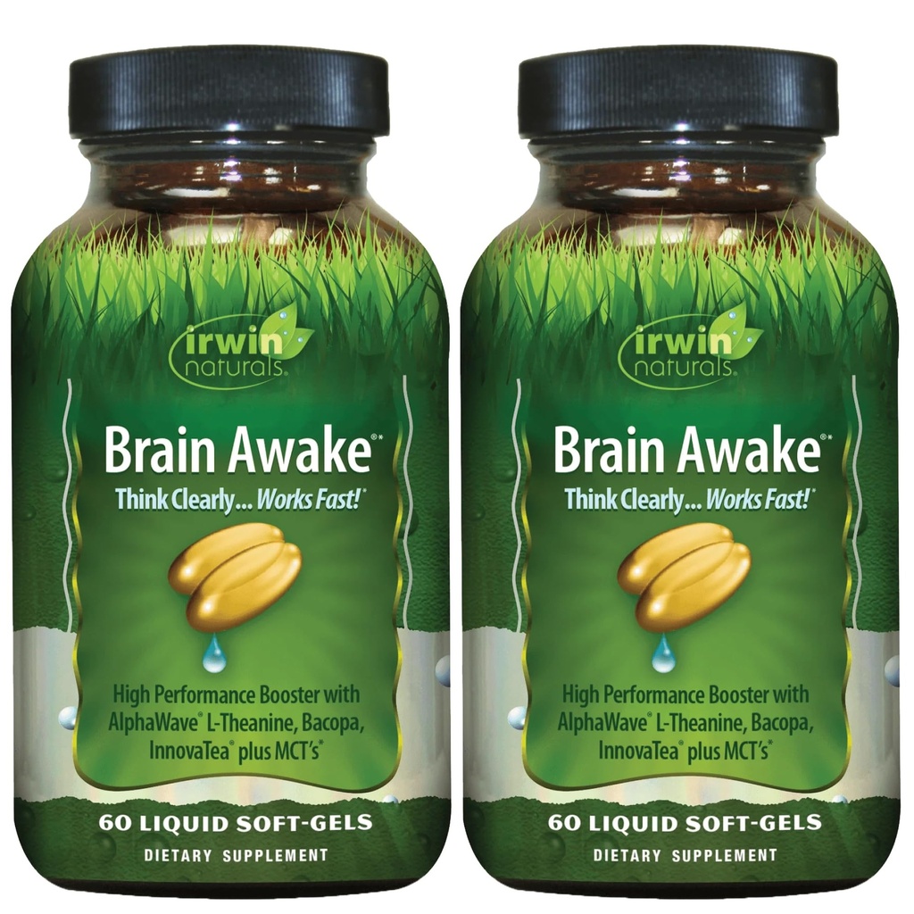 Irwin Naturals Brain Awake - 60 Sıvı Softgels, 2 Paket - Gelişmiş Ruh Performansı, Artan Focus, Clarity & Concentration - Nootropic Branson with L-Theanine, Bacopa, MCTs