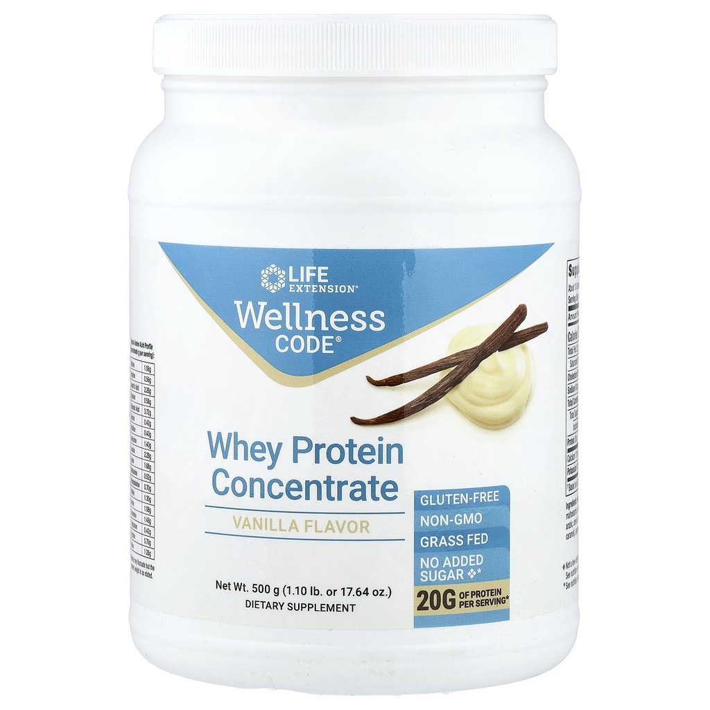 Life Extension Wellness Code Whey Protein Yoğun 20g Kas Büyüme ve Immune Health - Grass-Fed, Free-Range, Hormon-Free Cows, Non-GMO, No Ek Olmayan Şeker, Vanilla- 500g