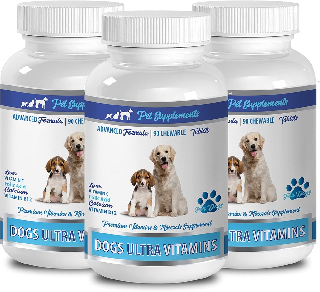 Köpek Mineralleri Vitaminleri - Köpekler için Ultra Vitaminler - Chews - Güçlü Formula - Mineral Kompleksi - Köpekba Tabletleri - 270 Tedaviler (3 Şişeler)