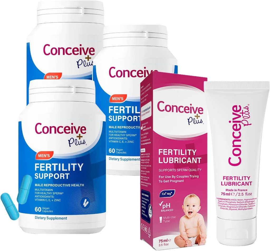 CONCEIVE PLUS Mens Ferttitude Sche | 3 Ay Supply Fertness Vitamin Supplements for Men 3 x 60 Count ve Fertness Lubricant 2.5 Ounce