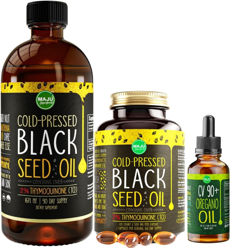 Maju Superfoods Büyük Siyah Tohum Yağı ve Oregano Sche