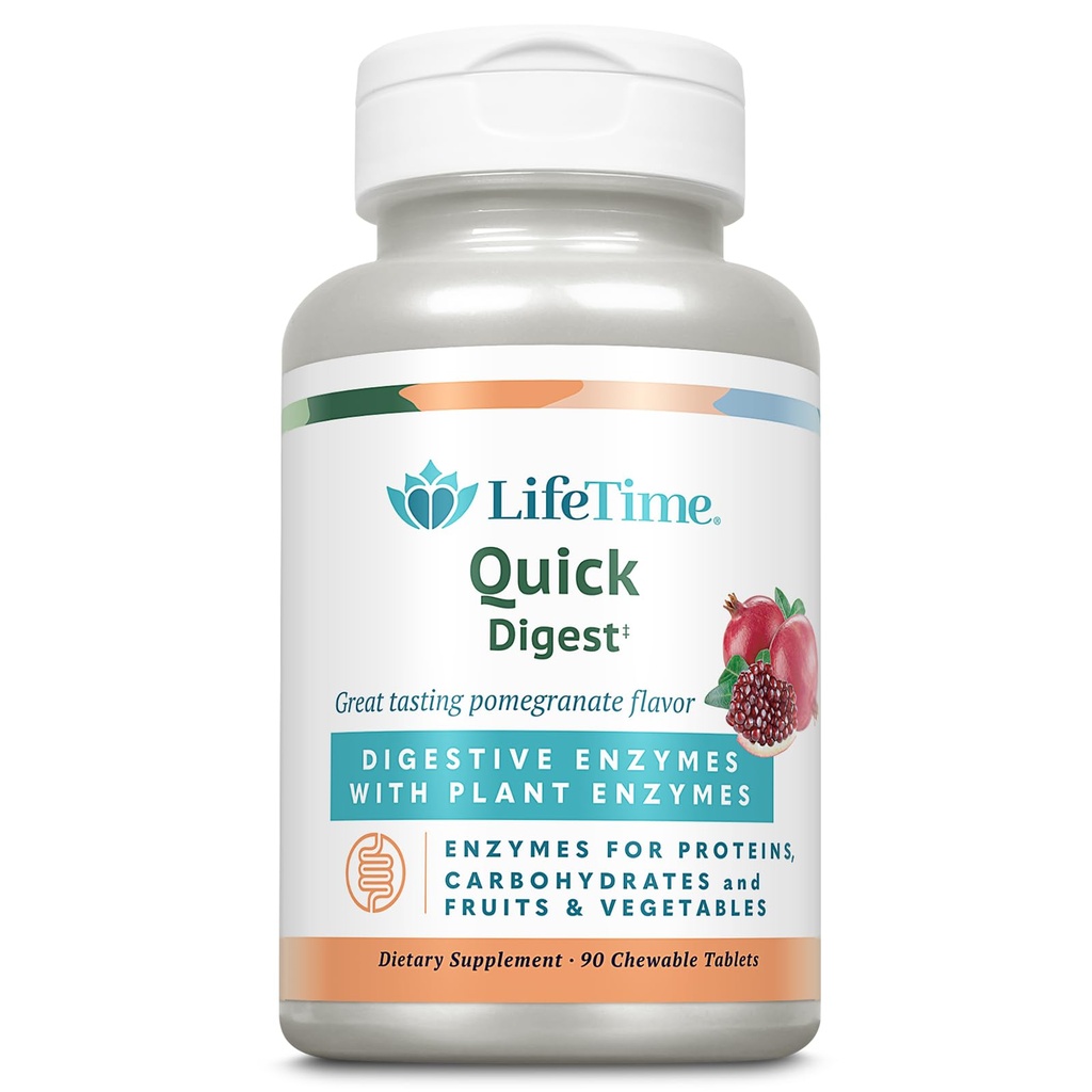 LIFETIME Quick Digest Digestive Enzymes - Proteinler için Plant Enzymes, Carbohidratlar, Meyveler ve Sebzeler - Digestive Health Support - Pomegranate Flavor - 90 Hizmet, 90 Chewable Tabletler