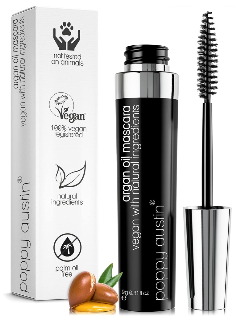 Poppy Austin Organic Mascara, Natural, Vegan, Paraben-Free, Cruelty-Free - hipoallergenic Mascara Uzunluking & Voluming with Argan Oil - 0.31 Fl Oz (Black)