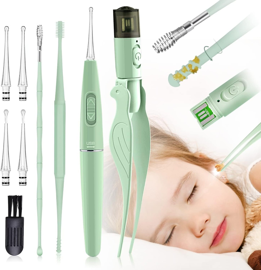 Ear Wax Removal Tools,9 Pack Ear Temizlik Tool,Ear Pick with 2 LED Lights,Built-in USB Ear Wax Saver for Kids and Yetişkinler