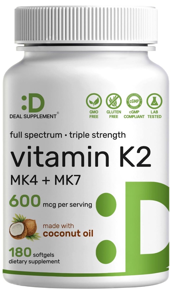 DEAL SUPPLEMENT Vitamin K2 Supplement 600 Live, 180 Coconut Oil Softgels | Full Spectrum Yüksek Metabolizma MK-7 & MK-4 Forms | Bone, Joint, & Immune Support – Non-GMOMO