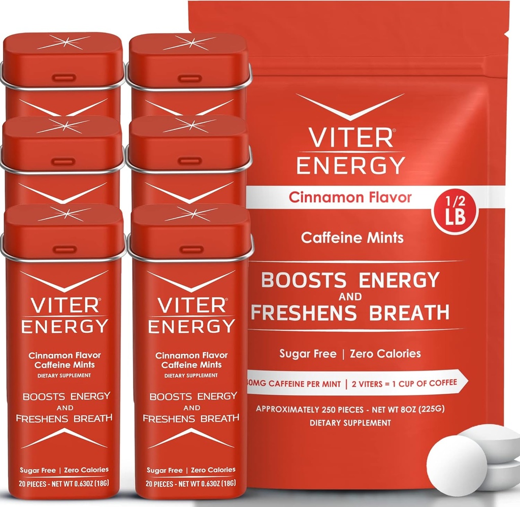 Viter Energy Original Caffeine Mints Cinnamon Flavor 6 Pack ve 1/2 Pound Bulk Bag Sche - 40 mg Caffeine, B Vitamins, Sugar Free, Vegan, Focus and Alertness için Güçlü Enerji Uyarısı