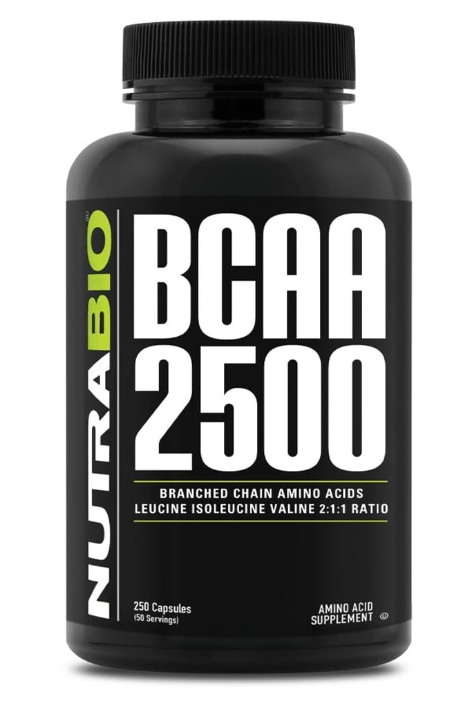 NutraBio - BCAA 2500 - Branşlı Zincirler - Yeni Kas Büyümesini Destekleyin ve Kas Breakdownunu Önlemek - 250 Capsules