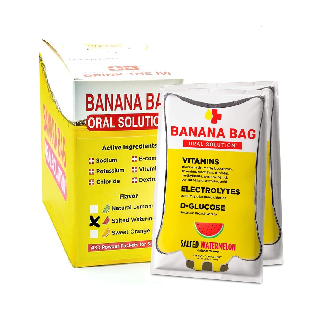 Banana Bag Oral Çözüm Paketleri - Salted Watermelon 30pk | Elektrolytes, C vitamini ve B-Complex for Hydration and Energy. Rahat, Easy-to-Mix ve Daily Use için mükemmel.