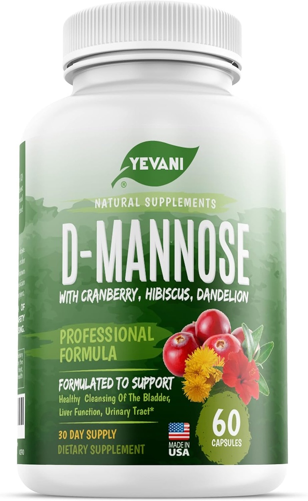 100 Saf D-Mannose Capsules 1000 mg with Cranberry, Hibiscus, ve Dandelion Ekstraksiyon, Profesyonel UTI Önleme Formülü Urinary Tract Health ve Bladder Support