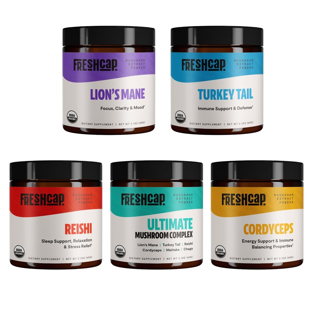 FreshCap Mushrooms Ultimate Mushroom Start Kit (Cordyceps, Lion's Mane, Türkiye Tail, Reishi ve The Ultimate Mushroom Complex) 60 Hizmetler