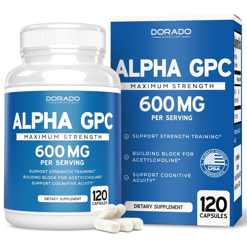 Alfa GPC Choline Capsules - 120 Kont, 600 mg (Brain Support Aid That Supports Focus, Memory, Motivasyon, & Enerji (Üçüncü Parti Test Edildi, Vegan Güvenli ABD'de Yapılan) Beyin Desteği Tamamlandı